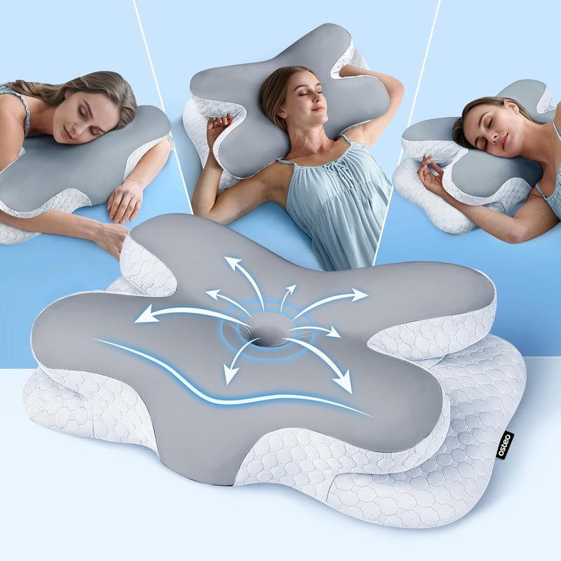 Osteo Enjoy Pain Relief Sleeping Cervical Neck Pillow, Ergonomic Contour Zoned Fits Side Sleeper, Non-Temperature Affected Memory Foam Pillows, Q-max Cooling Pillow Support Back Stomach Sleepers - Image 1